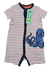 Nové - Bílo-červeno-tmavomodrý pruhovaný bavlněný kraťasový overal s chobotnicí Pep&Co