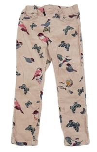 Růžové manšestrové elastické kalhoty s motýly a ptáčky H&M