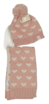 Nové - 2 set - světlerůžová čepice se srdíčky a bambulí + šála Primark