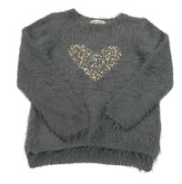 Tmavošedý chlupatý svetr se srdcem z flitrů H&M