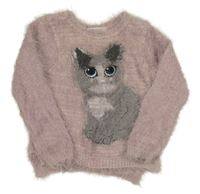 Světlerůžový chlupatý svetr s kočkou H&M
