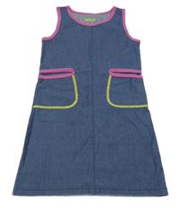 Modré šaty riflového vzhledu s fialovým lemem