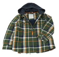 Khaki-tmavomodrá kostkovaná zateplená košilová bunda s kapucí Fat Face