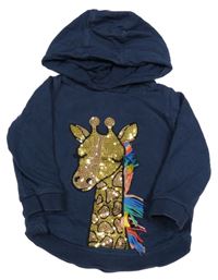 Tmavomodrá mikina s žirafou z flitrů a kapucí Bluezoo