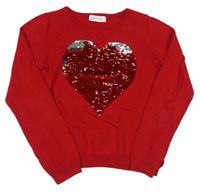 Červený lehký svetr se srdcem z překlápěcích flitrů H&M