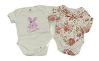 2set - 2x body - bílé s králíčkem + bílé květované 