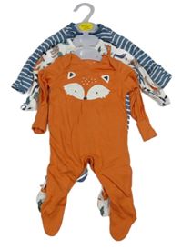 Nové - 3x overal - Oranžový s lišákem + bílý se zvířátky + modro-bílý pruhovaný F&F