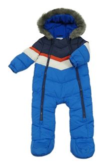 Modro-bílo-červená šusťáková zimní kombinéza s kapucí s kožešinou F&F