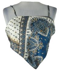 Dámský smetanovo-tmavomodrý vzorovaný saténový crop top na zavazování Shein 