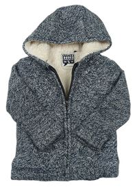 Tmavomodro-bílý melírovaný zateplený propínací svetr s kapucí TU