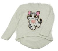 Bílý chlupatý svetr s kočkou 