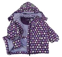 Fialová puntíkatá šusťáková lyžařská bunda s kočkami a kapucí