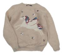 Světlerůžový chlupatý svetr s jednorožcem s flitry George