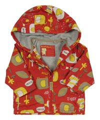Červená šusťáková jarní bunda se zvířátky a s kapucí