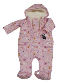 Nová - světlerůžová prošívaná šusťáková zimní kombinéza se zvířátky a kytičkami a duhami a kapucí St. Bernard