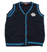 Tmavomodro-modrá propínací svetrová vesta s nášivkou S. Oliver