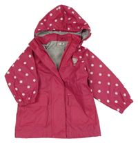 Malinovo-puntíkatá nepromokavá jarní bunda s medvídkem a kapucí 