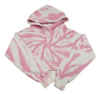 Bílo-růžová batikovaná crop mikina s nápisem a kapucí 