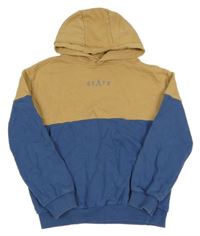 Béžovo-modrá mikina s nápisem a kapucí 