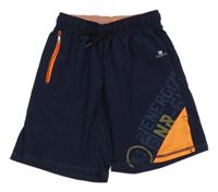 Tmavomodro-neonově oranžové sportovní kraťasy s nápisy Domyos