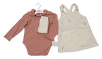 Nové - 3set - Smetanové manšestrové laclové šaty s výšivkami + body + punčocháče F&F