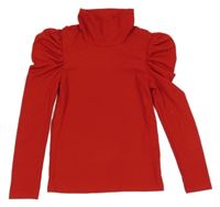 Červené žebrované triko s rolákem a nařasenými rukávy Shein