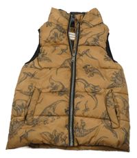 Béžovo-tmavomodrá šusťáková prošívaná zateplená vesta s dinosaury Dopodopo