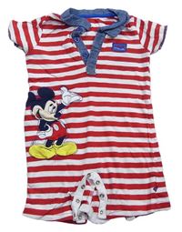 Červeno-bílo-modrý pruhovaný kraťasový overal s Mickey a límečkem Disney