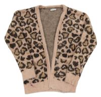 Světlerůžovo-béžovo-tmavošedý vzorovaný chlupatý svetrový cardigan se srdíčky Matalan 