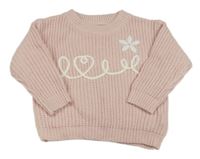 Světlerůžový žebrovaný pletený oversize svetr s nápisem a květem SHEIN