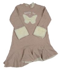 Pudrové melírované asymetrické šaty s motýlkem a kožešinou a třpytkami LC WaIKIKI