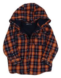 Tmavomodro/oranžová kostkovaná podšitá košilová bunda s kapucí Next