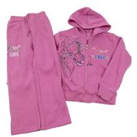 2Set - Tmavorůžová propínací teplá mikina s dívkou a nápisy a flitry a kapucí + tepláky 