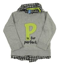 Šedá melírovaná mikina s písmenkem a nápisy a všitou košilí dopodopo