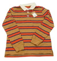 Nové - hnědo-červeno-tmavomodrá pruhovaná mikina s límečkem MINI BODEN