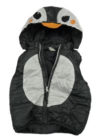 Tmavošedo-bílá prošívaná šusťáková zateplená vesta s odepínací kapucí - tučňáček H&M