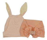 2Set - Světlerůžová čepice s oušky + broskvová vzorovaná čelenka s mašlí a pecičkami 