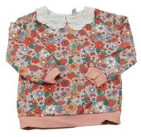 Růžová mikina s kytičkami a jahůdkami a límečkem s madeirou Tu