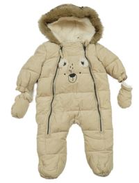 Béžová manšestrová zateplená kombinéza s medvídkem a kapucí s kožešinou + rukavice F&F