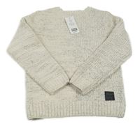 Nové - smetanovo-černý melírovaný žinylkový svetr s nášivkou F&F