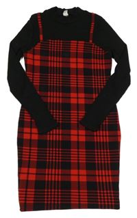 Černo-červené kostkované vzorované šaty se žebrováním SHEIN