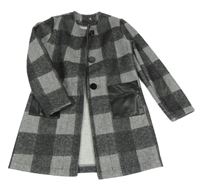 Šedo-černo-tmavošedý kostkovaný flaušový kabát