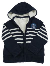 Tmavomodro-bílý pruhovaný propínací zateplený svetr s nášivkou a kapucí Vertbaudet