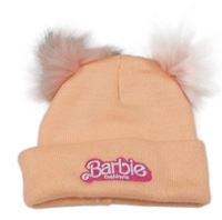 Světleoranžová pletená čepice s logem a bambulemi Barbie