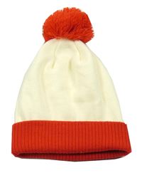 Krémovo-červená pletená čepice s bambulí
