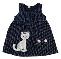 Tmavomodré puntíkaté sametové šaty s kočkou a květinami