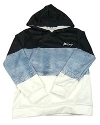 Černo-modro-bílá mikina s nápisem a kapucí