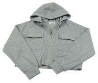 Šedá melírovaná žebrovaná propínací crop mikina s kapsami a kapucí Primark