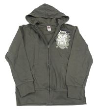 Tmavokhaki propínací mikina s potiskem a kapucí C&A