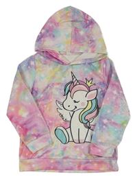 Růžovo-barevná batikovaná lehká mikina s jednorožcem a kapucí Shein